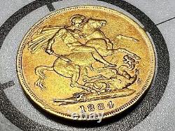 1884 Gold Full Sovereign Coin, Queen Victoria, 90% Fine Gold, 8 Grams