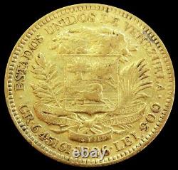 1886 Gold Venezuela 20 Bolivares Coin Very Fine Condition