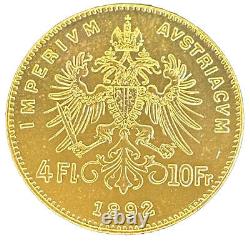 1892 Fine. 900 Gold Coin Austria BU+ UNC 4 Florins 10 Francs AGW. 0933