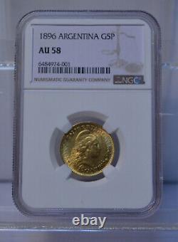 1896 Argetina Gold 5 Pesos / 1 Argentino Ngc Au58 Fine Gold Coin