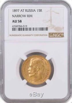 1897 AT Narrow Rim 15 Rouble Nicholas II. 900 Fine Russian Gold NGC AU58