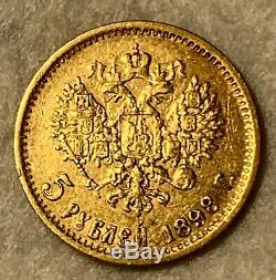 1898 GOLD Coin 5 Roubles Russian Nicholas II Emperor Original Collectible Fine