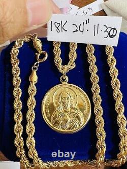 18K Fine 750 Real Gold Mens Women's Jesus Maria Necklace 24 Long 5mm 11.3g