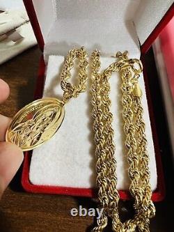 18K Fine 750 Real Gold Mens Women's Jesus Maria Necklace 24 Long 5mm 11.3g