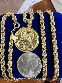 18K Fine 750 Real Gold Mens Women's Jesus Maria Necklace 24 Long 5mm 11.3g