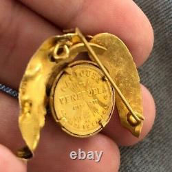 18K Gold Coin Brooch Caciques De Venezuela Guaicaipuro SIGLO XVI LEY900 Caracas