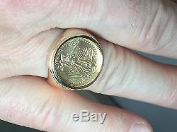18K Solid Yellow Gold 20MM Mens Ring with 22K FINE GOLD 1/10 OZ US LIBERTY COIN