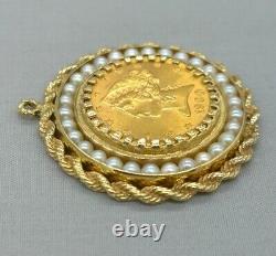 1900 $5 Dollar Gold Liberty Head Half Eagle Coin 14K Rope Bezel Pearl Pendant