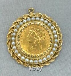 1900 $5 Dollar Gold Liberty Head Half Eagle Coin 14K Rope Bezel Pearl Pendant