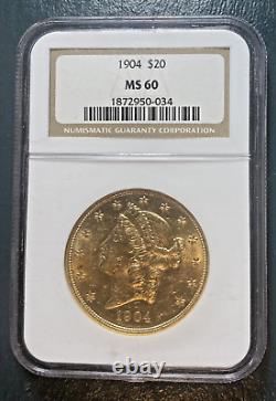 1904 $20 Gold Coin LIBERTY HEAD NGC MS60, Double Eagle, 900 Fine Gold, withMotto