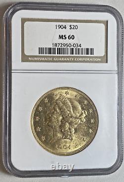 1904 $20 Gold Coin LIBERTY HEAD NGC MS60, Double Eagle, 900 Fine Gold, withMotto