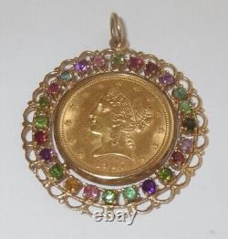 1907 Liberty Head $5 US Gold Coin set in 14K Gold Pendant Natural Gemstone Bezel