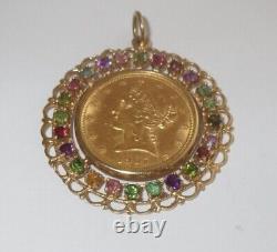 1907 Liberty Head $5 US Gold Coin set in 14K Gold Pendant Natural Gemstone Bezel