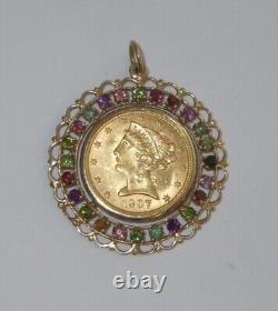1907 Liberty Head $5 US Gold Coin set in 14K Gold Pendant Natural Gemstone Bezel