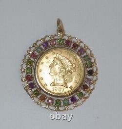 1907 Liberty Head $5 US Gold Coin set in 14K Gold Pendant Natural Gemstone Bezel