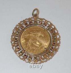 1907 Liberty Head $5 US Gold Coin set in 14K Gold Pendant Natural Gemstone Bezel