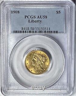 1908 $5 Gold Liberty Half Eagle PCGS AU58 Booming Luster Rich Color WHLM