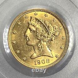 1908 $5 Gold Liberty Half Eagle PCGS AU58 Booming Luster Rich Color WHLM