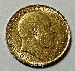 1908 Gold Great Britain Edward Vii. 917 Fine Gold 1/2 Sovereign Coin