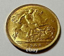 1908 Gold Great Britain Edward Vii. 917 Fine Gold 1/2 Sovereign Coin