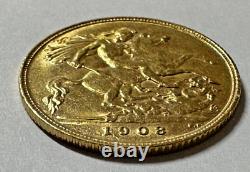 1908 Gold Great Britain Edward Vii. 917 Fine Gold 1/2 Sovereign Coin