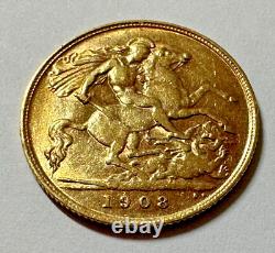 1908 Gold Great Britain Edward Vii. 917 Fine Gold 1/2 Sovereign Coin #111