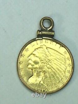 1909 Indian Head $2.50 quarter Eagle Gold coin pendant. 4.8gm