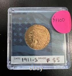 1911-s Gold Us $5 Indian Head Half Eagle Coin Fine Condition