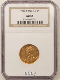 1912 $5 Canada Gold. 2419 Fine Gold, Km#26 Ngc Au-55, Lustrous Original