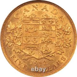 1912 $5 Canada Gold. 2419 Fine Gold, Km#26 Ngc Au-55, Lustrous Original