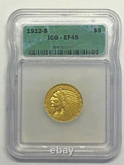 1912-S Gold Half Eagle, Choice Extra Fine Gold Coin ICG XF 45