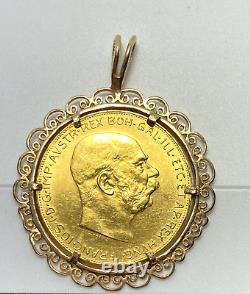 1915 100 Corona Gold Austrian Coin. 98oz Fine Gold. 14K Gold Bezel Pendant Loop
