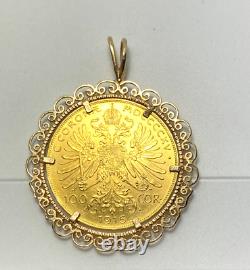 1915 100 Corona Gold Austrian Coin. 98oz Fine Gold. 14K Gold Bezel Pendant Loop