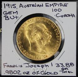 1915 100 Corona Gold Austrian/Hungarian Coin. 9802 oz Fine Gold Restrike