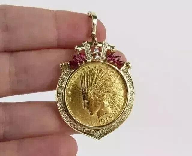 1915 Us Ten Dollar Indian Head Coin Pendant With Chain 14k Yellow Gold Plated