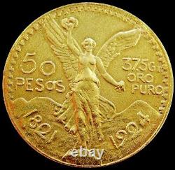 1924 Gold Mexico 50 Pesos Winged Victory Coin Scarce Date Extra Fine