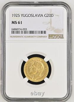 1925 Yugoslavia 20 Dinara Alexander I Km#7 Ngc Ms61 90% Fine Gold Coin