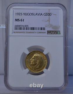 1925 Yugoslavia 20 Dinara Alexander I Km#7 Ngc Ms61 90% Fine Gold Coin