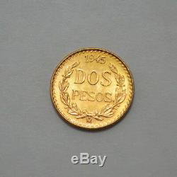 1945 MS / UNC. 900 Fine Gold Coin, $2 MEXICO DOS PESOS GOLD COIN, 1.66 g