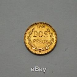 1945 MS / UNC. 900 Fine Gold Coin, $2 MEXICO DOS PESOS GOLD COIN, 1.66 g