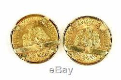 1945 Mexico. 900 Fine Gold Dos Pesos Coins in 14K Round 14mm Bezel Stud Earrings
