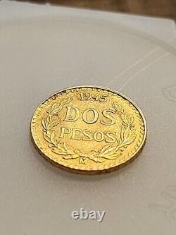 1945 Mexico Dos Pesos Gold Coin. 1.66 G. 900 Fine Gold