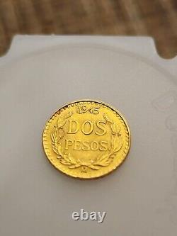 1945 Mexico Dos Pesos Gold Coin. 1.66 G. 900 Fine Gold