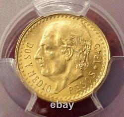 1945 PCGS MS 67 Mexico Gold 2 1/2 Peso Coin, 90% Fine Gold Mexican Coin, KM #463