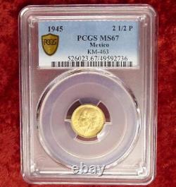 1945 PCGS MS 67 Mexico Gold 2 1/2 Peso Coin, 90% Fine Gold Mexican Coin, KM #463