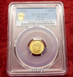 1945 PCGS MS 67 Mexico Gold 2 1/2 Peso Coin, 90% Fine Gold Mexican Coin, KM #463