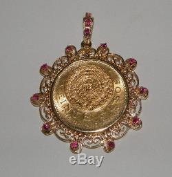 1959 Pure Gold Mexico 20 Pesos Coin In 14k & Ruby Bezel Pendant 25 Gm