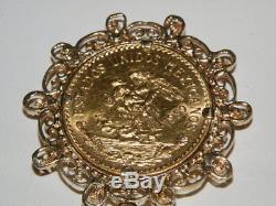 1959 Pure Gold Mexico 20 Pesos Coin In 14k & Ruby Bezel Pendant 25 Gm