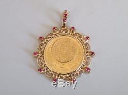 1959 Pure Gold Mexico 20 Pesos Coin In 14k & Ruby Bezel Pendant 25 Gm