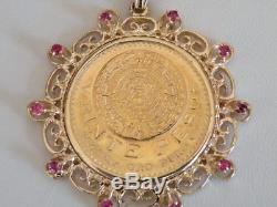 1959 Pure Gold Mexico 20 Pesos Coin In 14k & Ruby Bezel Pendant 25 Gm